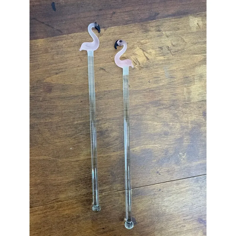 Hand Blown Glass Pink Flamingo Drink Stirrers / Swizzle Sticks Tropical Barware